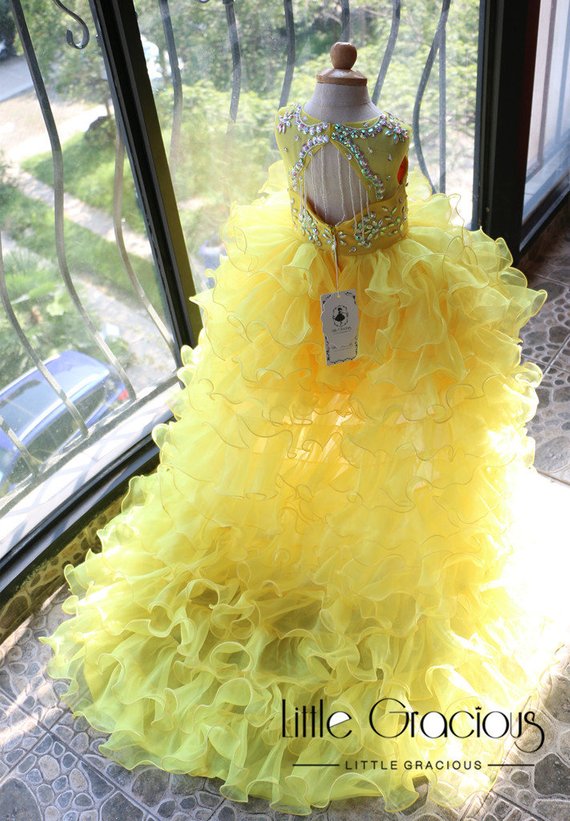 Yellow Flower Girl Dresses Jewel Neck Crystal High Low Ruffles A Line Girls Pageant Dress Hollow Back Kids Formal Gowns