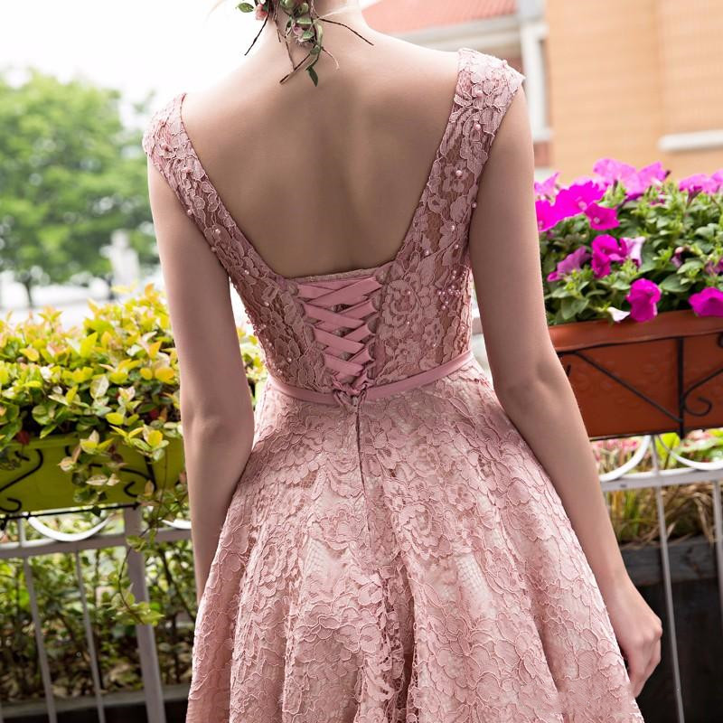 Pink Lace Short Evening Prom Dresses Lace-Up Back Homecoming Dress Beaded Pearls Boat Neck Tail Party Gowns Club Wear Tea-Length 0510