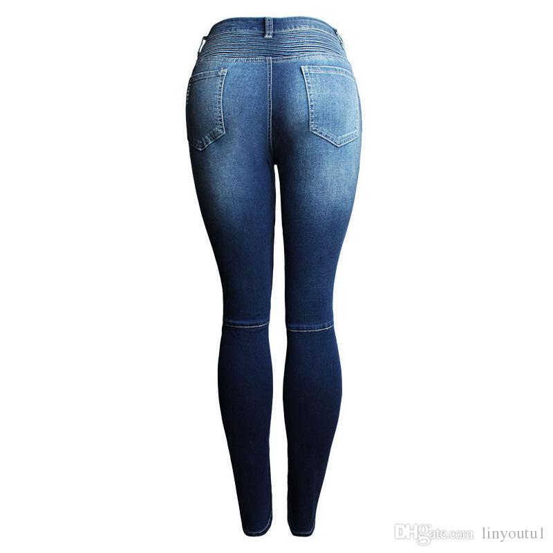 2020 Women`s Motorcycle Biker Zip Mid High Waist Stretch Denim Skinny Pants Motor Jeans For Women