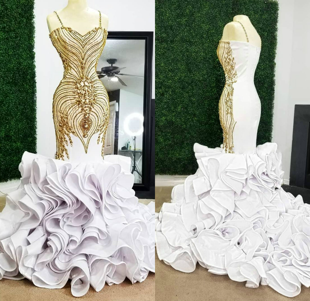 Luxury Gold Evening Dresses Beading Spaghetti Satin Ruffles Tiered Skirts Mermaid Prom Dress Court Train Arabic Robe De Soiree Real Image