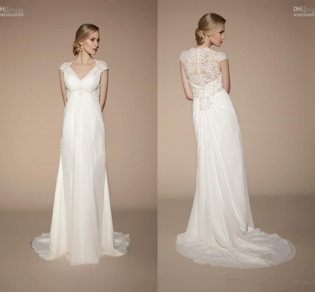 Popular Style Beach Empire Wedding Dresses Cap Sleeve V-Neck Crystals Beads Ivory Lace Chiffon Elegant Bridal Gowns Custom Made W149, White
Popular Style Beach Empire Wedding Dresses Cap Sleeve V-Neck Crystals Beads Ivory Lace Chiffon Elegant Bridal Gowns Custom Made W149, White