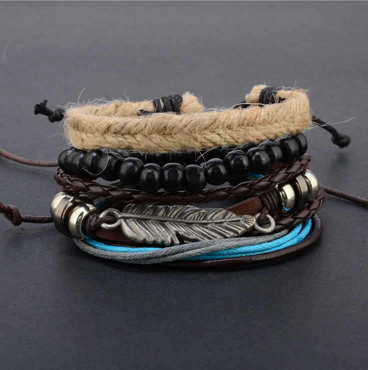 Multi-Bundle Set Bracelet Handmade Leather Handicraft Wooden Bead Weave Beaded Bracelet Men and women gentlemen charm