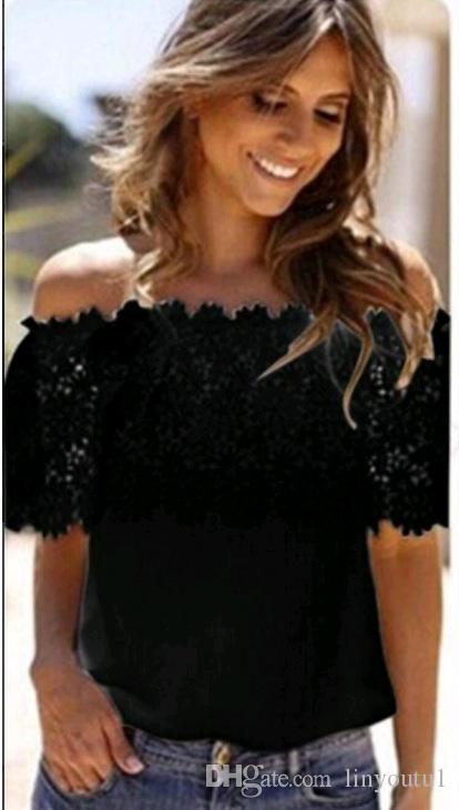 2020 Hot Fashion Women Summer Lace Crochet Off Shoulder Chiffon Shirt Casual Tops Blouse crop top women t shirt