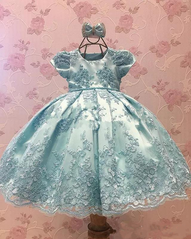 Princess Lace Flower Girl Dresses For Weddings Short Sleeves Backless Little Girls Pageant Ball Gowns Appliques First Communion Dress