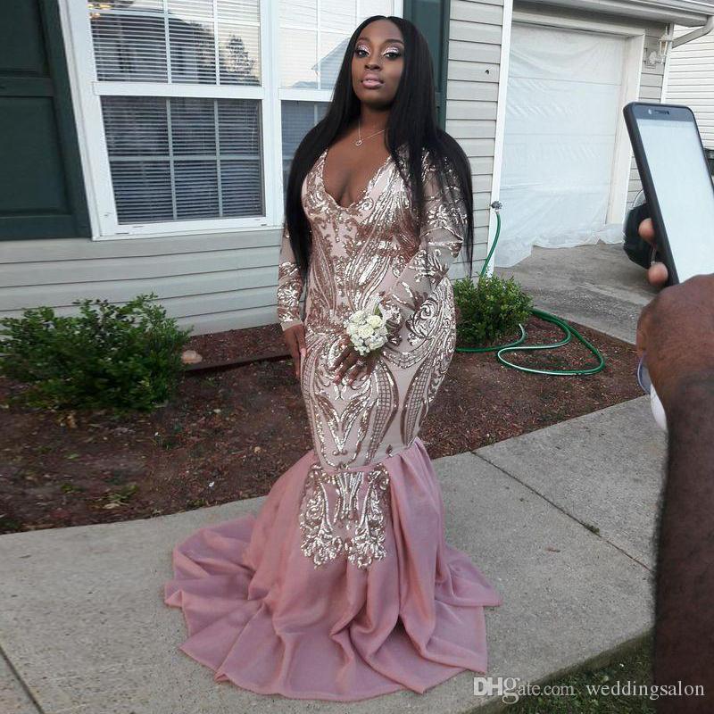 Plus Size Mermaid Evening Dresses Deep V-neck Long Sleeve Sequined South Africa Prom Gown Sweep Train Formal Dress Party Wear