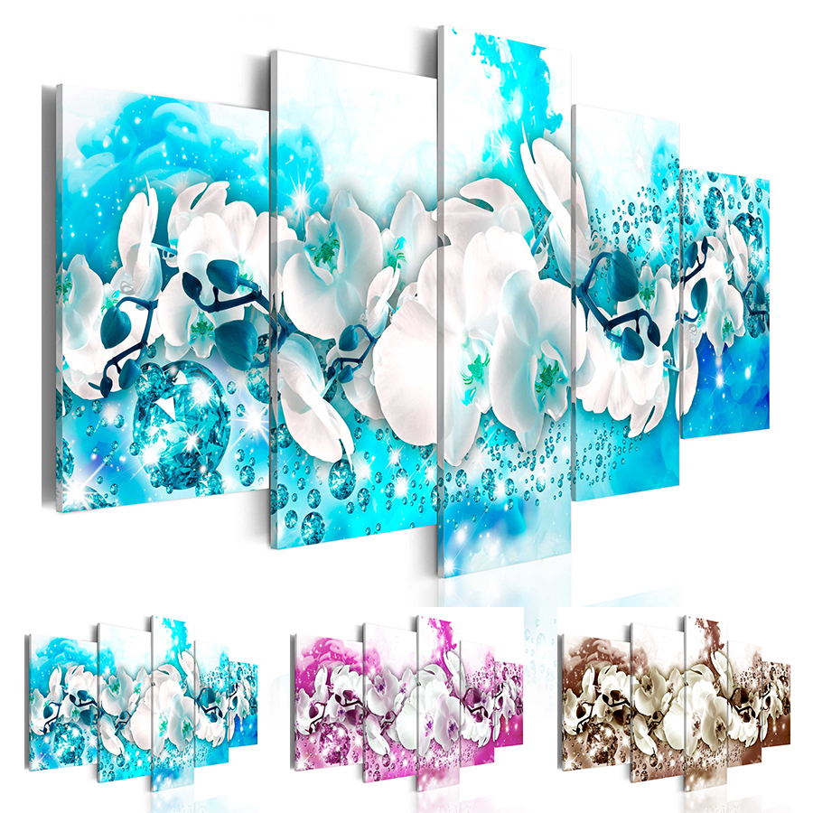 Fashion Wall Art Canvas Painting 5 Pieces Abstract Diamond White Orchid Flower Modern Home Decoration,Choose Color And Size No Frame