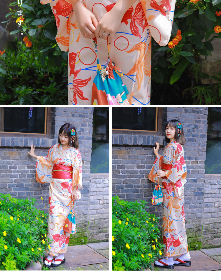 Cherry beauty Japanese kimono women formal red goldfish handle modified Clothing Standard version traditional kimono Japan Girl