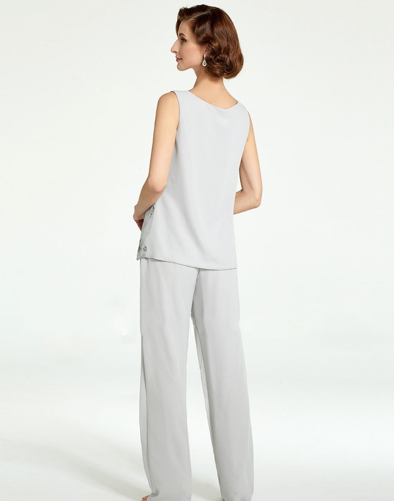 New 2019 Pant Suits Long Mother Of The Bride Dresses Cheap Appliqued Pantsuits Beach Wedding Guest Dress With Jacket Groom Mother Outfit