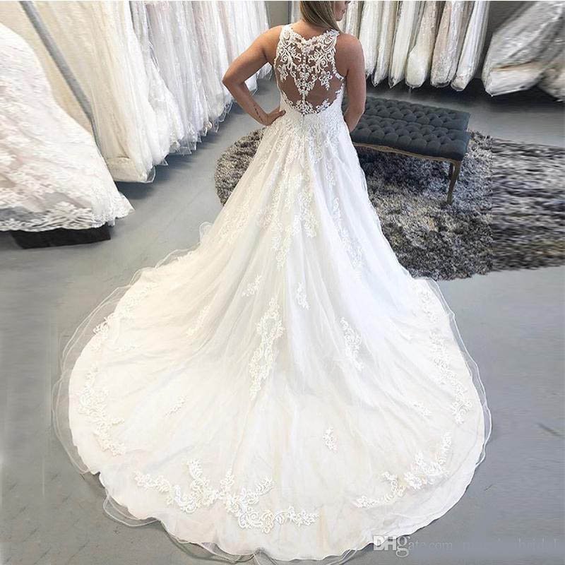 2020 New Arrival Plus Size Wedding Dresses Sleeveless Lace Appliques White Ivory Illusion Back Vestidos De Noiva Bridal Dresses Chapel Train