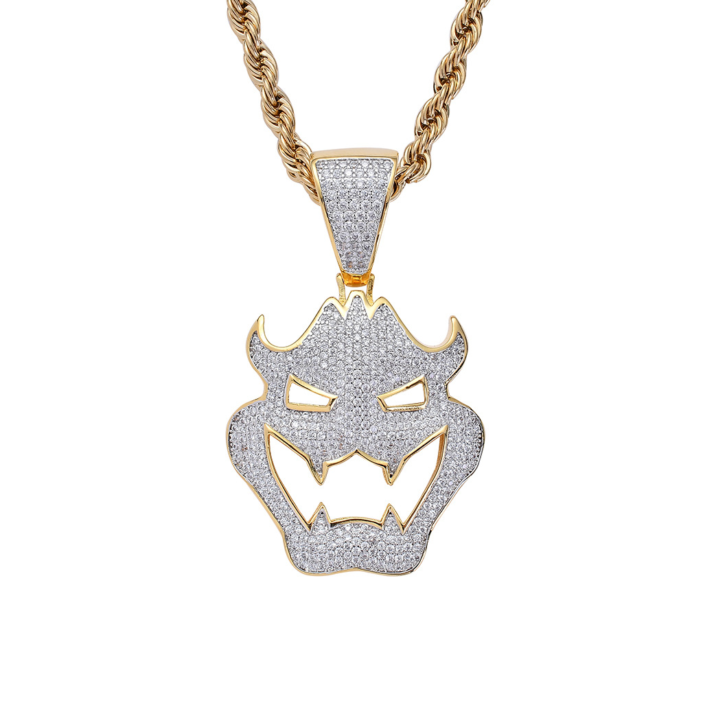 18K Gold Full Cubic Zirconia Halloween Vampire Monster Mask Pendant Necklace with Twist Chain Bling CZ Stone Hip Hop Wolf Tide Jewelry Collar Bijoux G