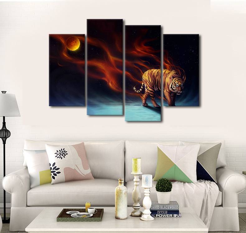 4pcs/set Unframed Dark Tiger and the Moon Print On Canvas Wall Art Picture For Home and Living Room Decor ..