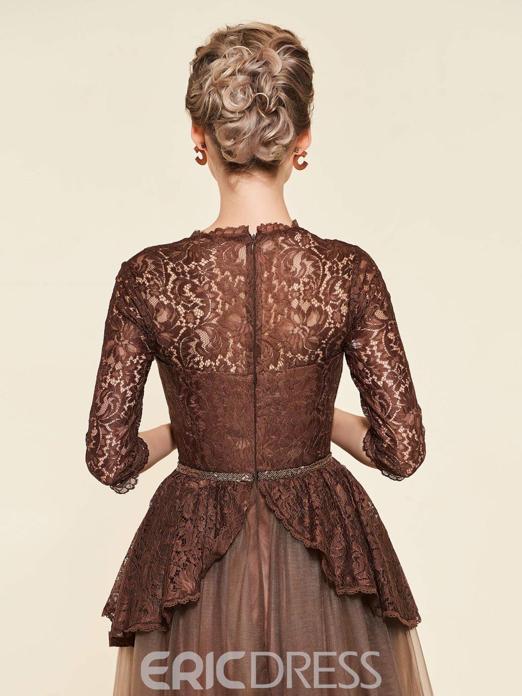 Ericdress A Line Mother of The Bride Dresses V Neck 3/4 Long Sleeve Wedding Guest Dress Lace Applique Sweep Train Evening Gown