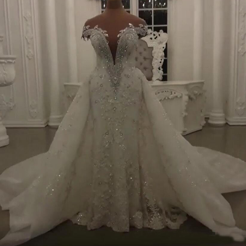 Modest Mermaid Wedding Dresses with Detachable Skirt Shining Sequins Crystals Beads Appliques Sheer Neck Backless Long Bridal Gowns