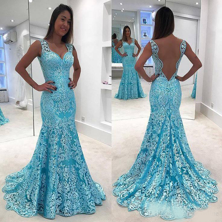 Sexy Sheer Backless Blue Lace Evening Dresses 2020 Newest Mermaid V Neck Prom Gowns Party Dress Floor Length
