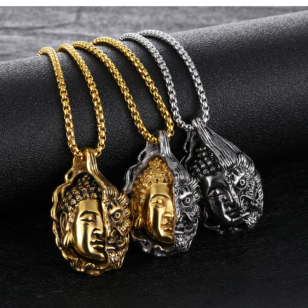Half Magic Half Buddha Pendant Necklace 316L Stainless Steel 18k Gold Plated Men's Folk-custom Couple Pendant Necklace Jewelry