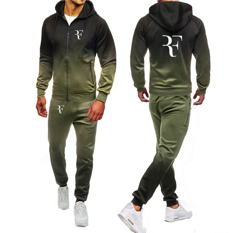 RF Roger Federer Print Sweatshirt Gradient Hoodies Mens Zipper Jacket Mens Hoodie Harajuku Male Sweatshirt Sweatpants Suit 2pcs