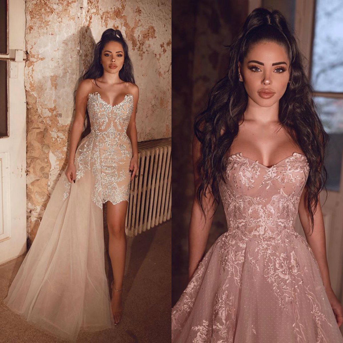 Short Prom Dresses with Detachable Train Lace Appliqued A Line Sweetheart Arabic Evening Dress Custom Made Luxury Formal Party Gowns