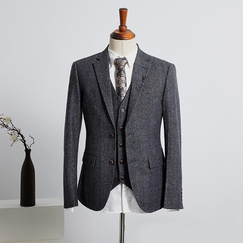 Real Picture Winter Grey Tweed Fabric Man Business Suits Groom Tuxedos Men Party Coat Waistcoat Trousers Sets (Jacket+Vest+Pants+Tie) K54
