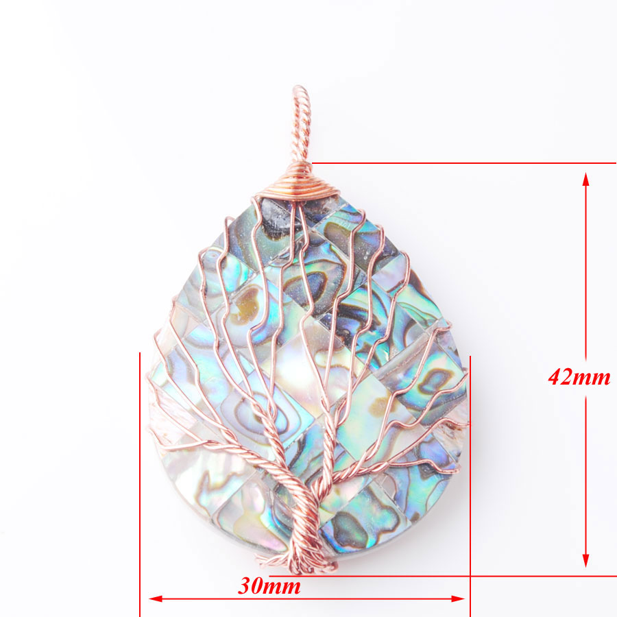 WOJIAER Tree of Life Rose Gold Wire Wrap Water Drop Bead Necklace & Pendant Natural Abalone Shell Jewelry Chain 18 Inch W9309