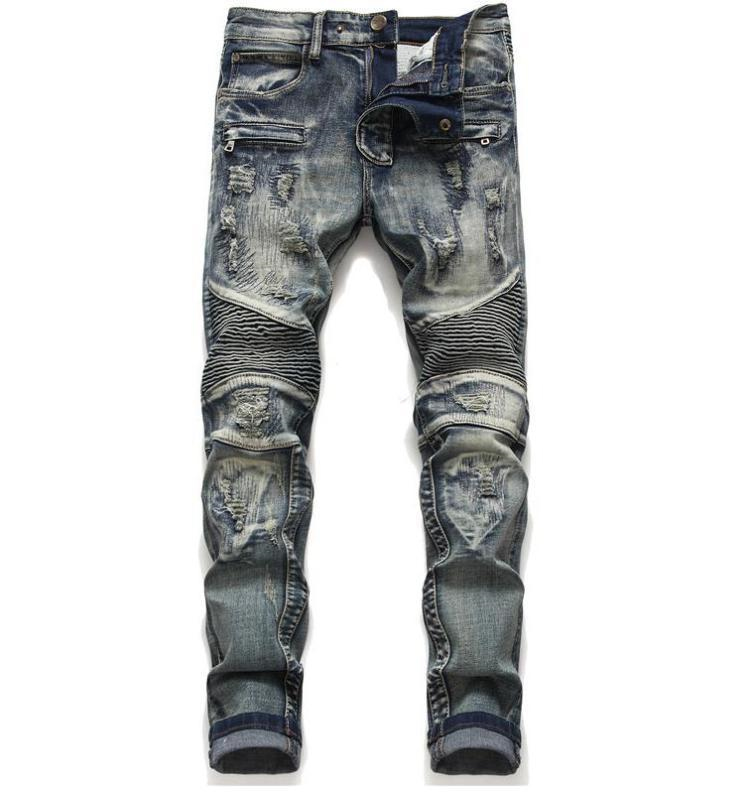 Mens Classic Biker Jeans Male Slim Straight Knee Drape Panel Moto Biker Jeans Destroyed Ripped Stretch Hip Hop Trousers