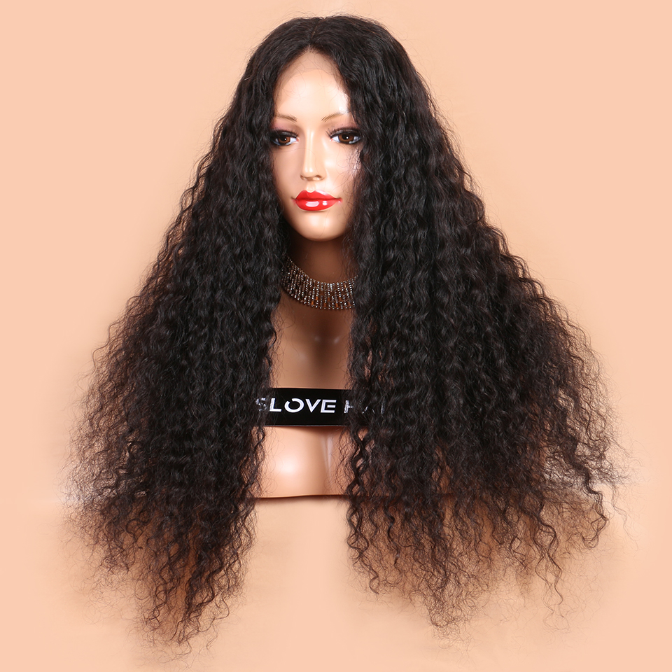 Natural Black Long Kinky Curly Lace Front Wigs with Baby Hair Glueless Synthetic Wigs for African Black Women Heat Resistant Fiber Hair