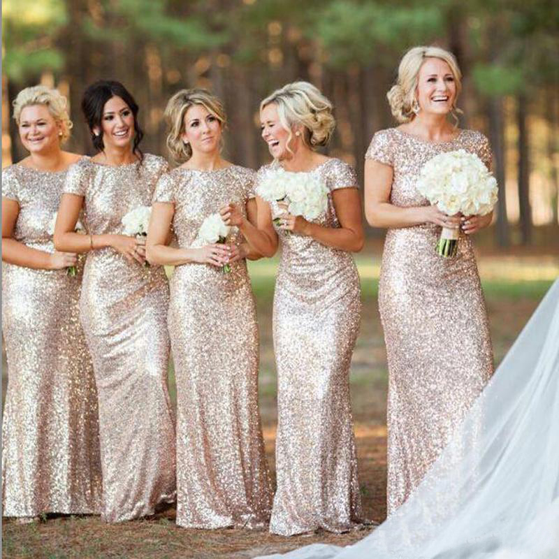 Sparkly Rose Cheap 2019 Mermaid Bridesmaid Dresses Short Sleeve Sequins Backless Long Beach Wedding Party Gowns Gold Champagne