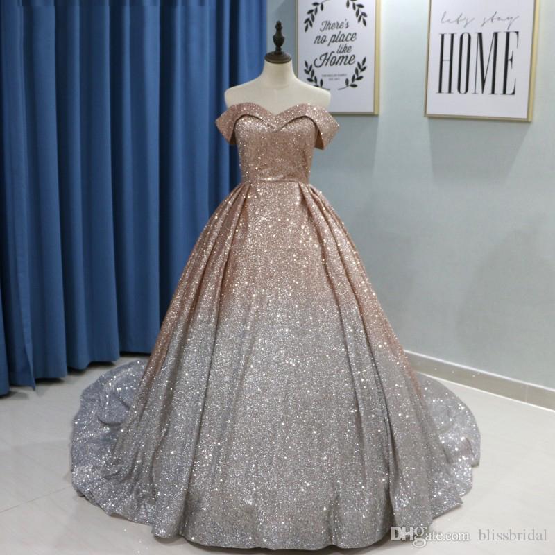 Ball Gown Champagne Quinceanera Off Shoulder Sequined Pleats Court Train Prom Pageant Dresses Vestidos De Quinceaera