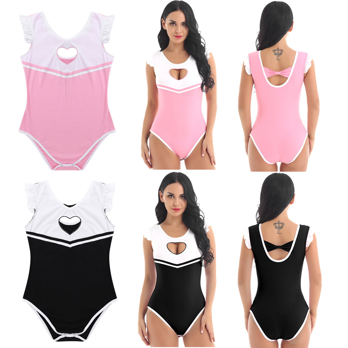 Womens Adult One Piece Bodycon Lingerie Nightwear Heart-shaped Cutout Bust Crotch Romper Jumpsuit Bodysuit Sexy Cosplay Costumes LY191222