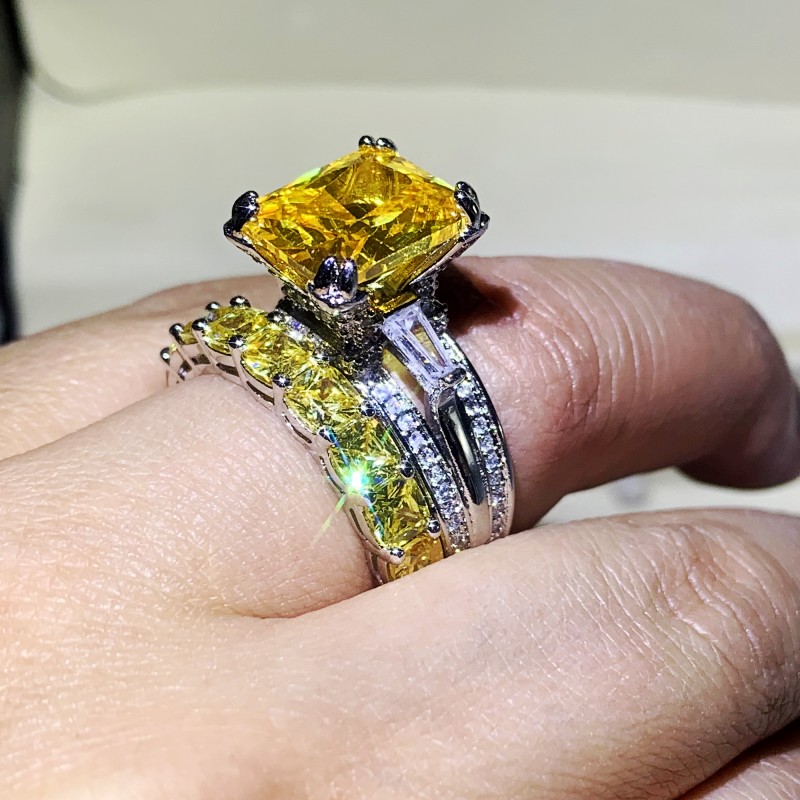 Choucong Brand Couple Wedding Rings Luxury Jewelry 925 Sterling Silver Large Princess Cut Gold Topaz CZ Diamond Gemstones Party Women Eternity Bridal 