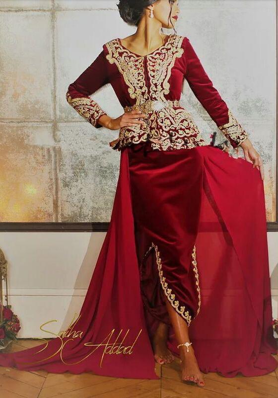 Dark Red Caftan karakou algerien Prom Formal Dresses with Long Sleeve 2019 Burgundy Velvet Gold Lace Peplum Occasion Evening Gown Wear