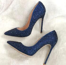 woman women lady shoes 2021dark blue navy crystal pointed toe high heelspumps Rhinestone
