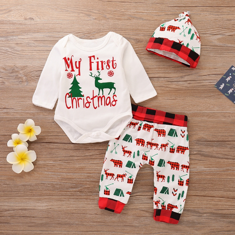 Christmas Baby Clothes Infant Boy Letter Romper Plaid Pants Hat 3pcs Set Check Newborn Girl Bodysuits Xmas Baby Clothing DW4497