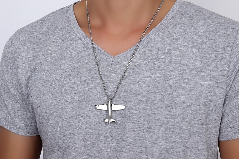 Men's Stainless Steel Airplane Pendant Necklace Gold-Color Aircraft - 24" Chain PN-678