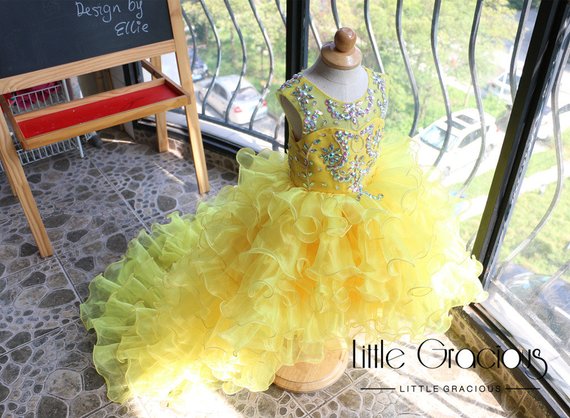 Yellow Flower Girl Dresses Jewel Neck Crystal High Low Ruffles A Line Girls Pageant Dress Hollow Back Kids Formal Gowns