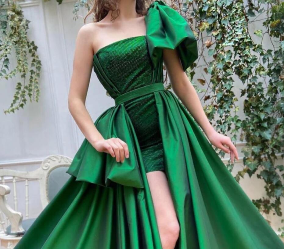 Green Charming Celebrity Evening Party Gowns One Shoulder Red Carpet Dress A Line Satin Long Prom Dresses