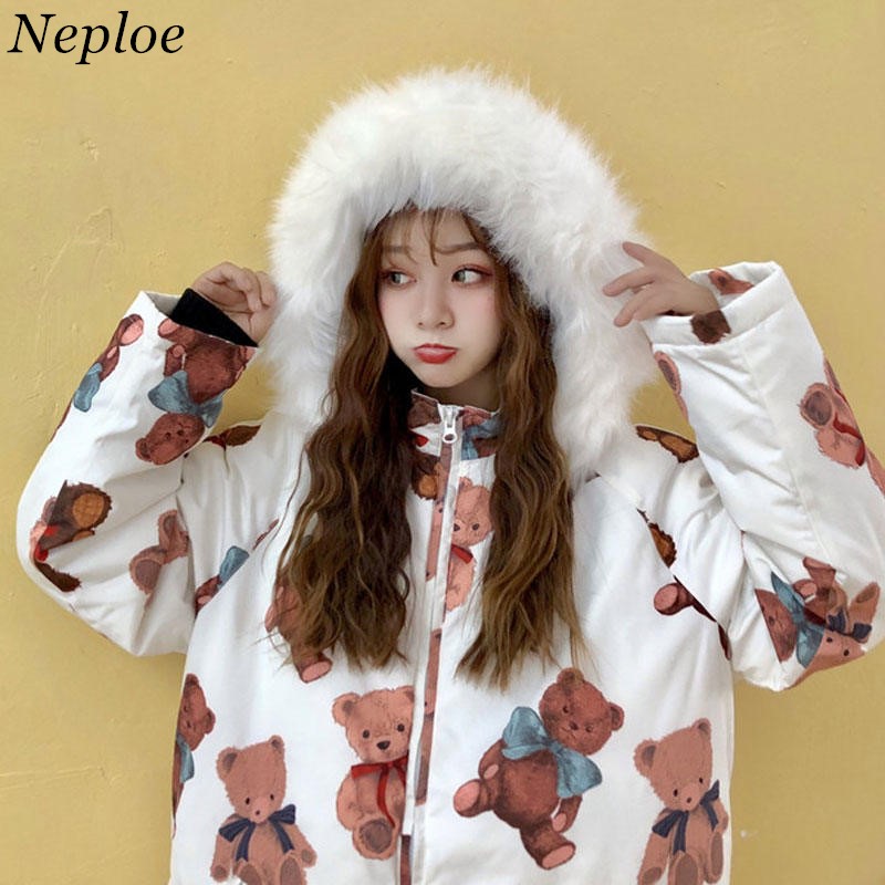 Neploe Harajuku Fur Collar Hooded Down Jacket New Bear Pattern Thicken Winter Coat Causal Outerwear Medium-long Female Top 37441, White
Neploe Harajuku Fur Collar Hooded Down Jacket New Bear Pattern Thicken Winter Coat Causal Outerwear Medium-long Female Top 37441, White