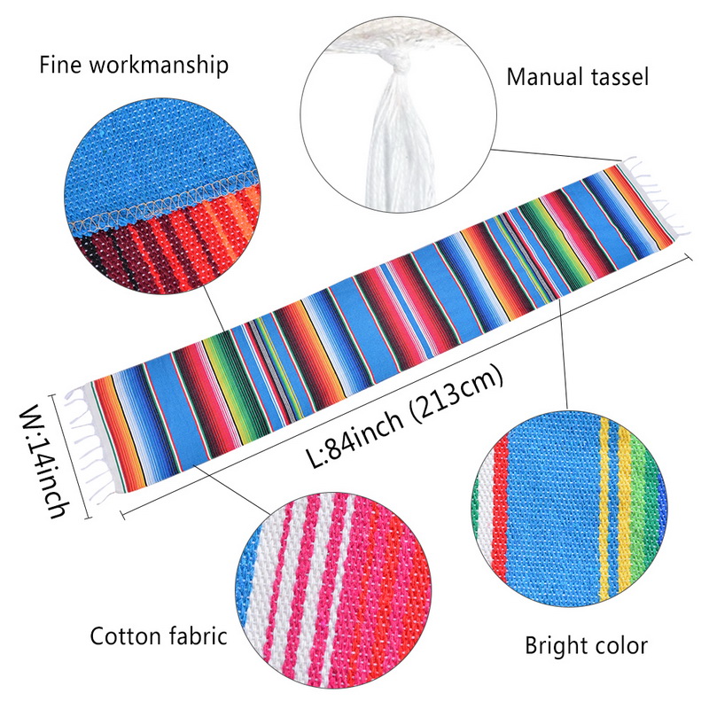 14x84 Inch Mexican Serape Table Runner Cloth Cover Fringe Cotton