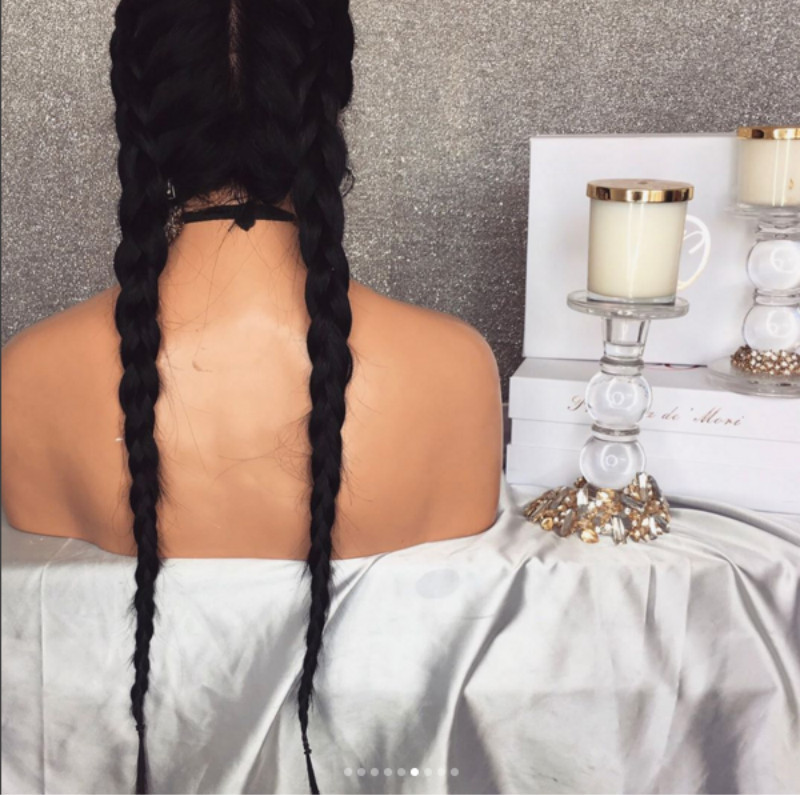 Chemical fiber front lace wig women half-hand hook stylish black long straight hair big braids jaundice fish bone braids