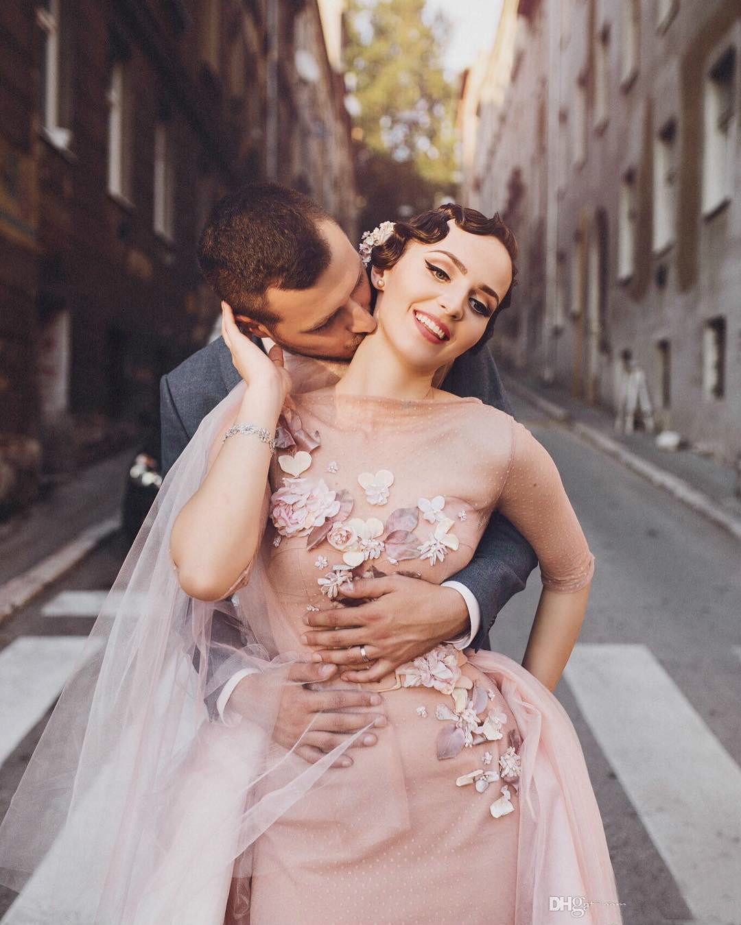 Blush Pink Gothic Wedding Dress With Overskirt Detachable Train Long Sleeve Tea Length Elegant 2020 Floral Short Wedding Dress Bridal Gowns