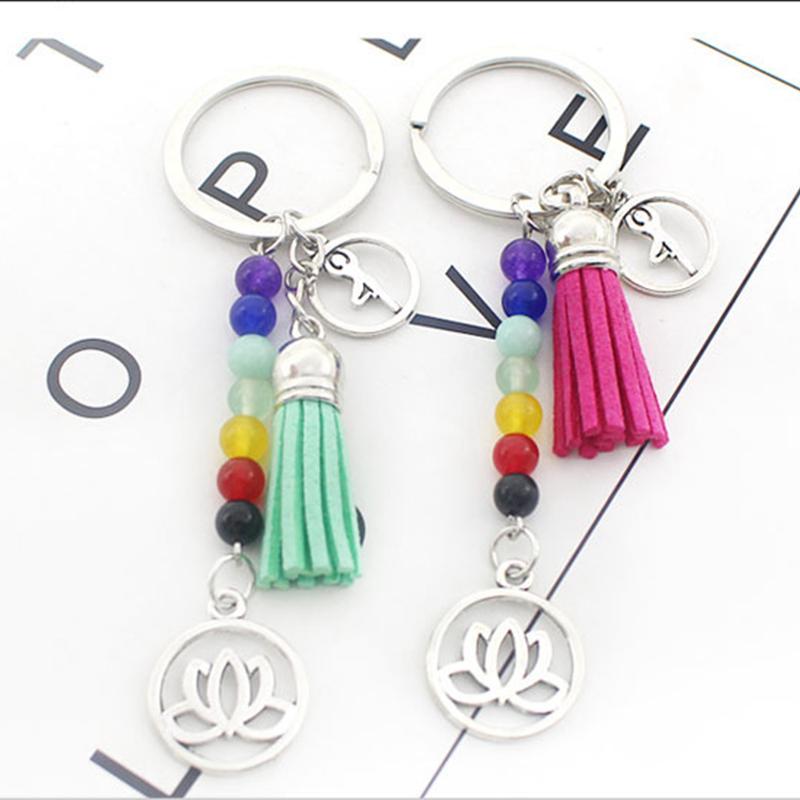Fashion Keychains Cute Healing Crystal Stone Chakra Pray Car Key Chain Tassel Keyring Bag Pendant Women Jewelry Accessories Gift