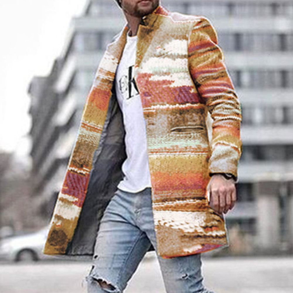 Men's Long Blazer Coats Office Overcoat 4XL Autumn And Winter Rainbow Print Long Warm Coat Men Plus Size Outwear Black Warm CJ191212