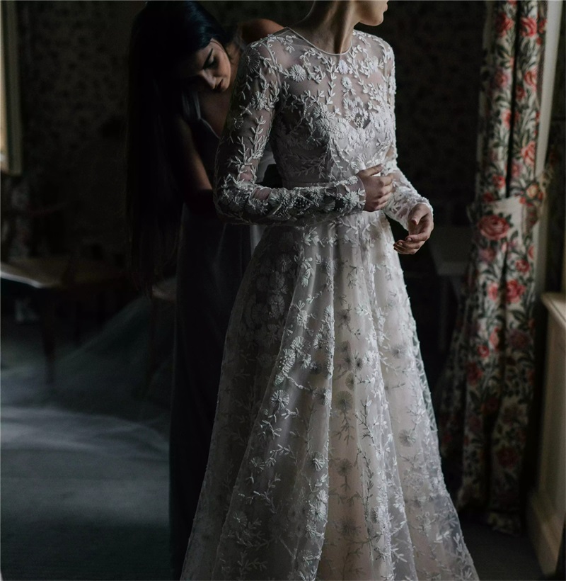 2020 Elegant A Line Wedding Dresses Appliqued Lace Jewel Long Sleeves Illusion Wedding Gown Beach Custom Made Vestidos De Novia