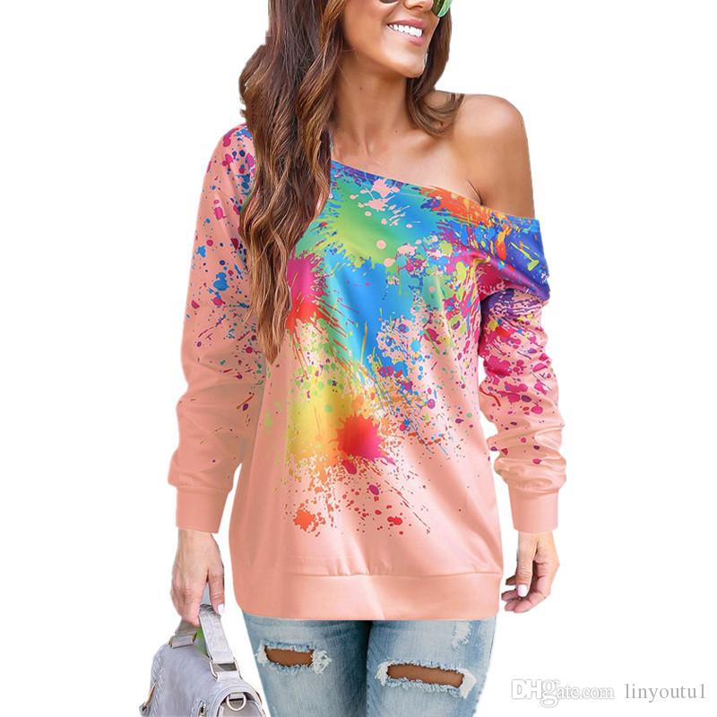 2020 Fashion T Shirt Women Long Sleeve One Shoulder Paint Splatter Print Korean Style Women Funny T Shirts Women
