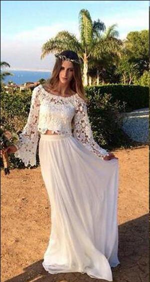 2020 new cheap Two Pieces Beach Wedding Dresses A Line Scoop Lace Chiffon Bridal Gowns With Long Sleeves Floor Length Wedding Gowns