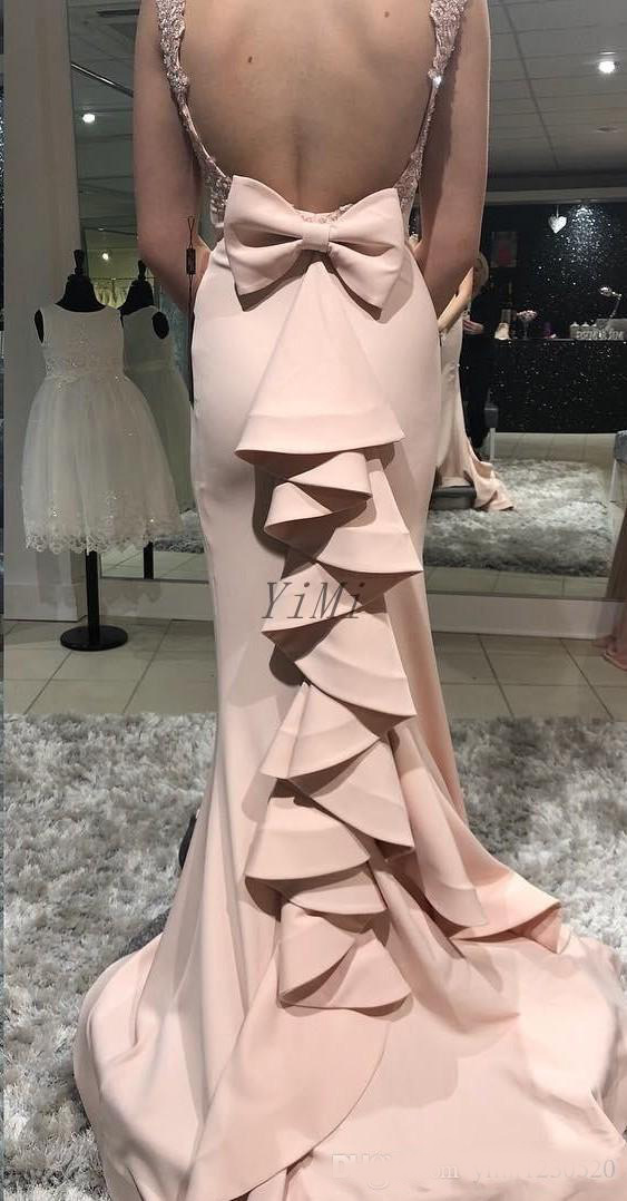 Pink Champagne Mermaid Prom Dresses 2020 Backless Sweep Train Ruffles Appliques Beads Long Formal Evening Party Gowns Special Occasion Dress