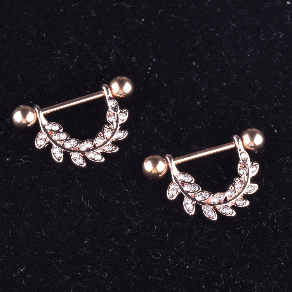 Gold leaf-studded stainless steel breast ring pierced female nipple shield body piercing ring body jewelry as a pair for sale