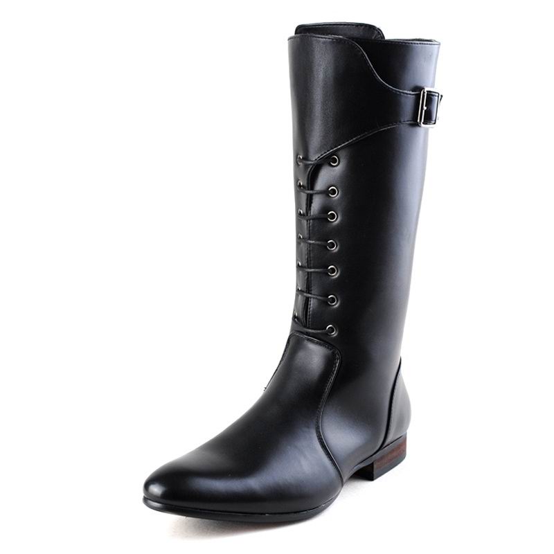 Hot Sale-Design New Tide Long Boots For Men Pointed Toe Lace Up With Buckle Motorcycle Boot Man Dressing Up PU leather Martin Boot 38-44