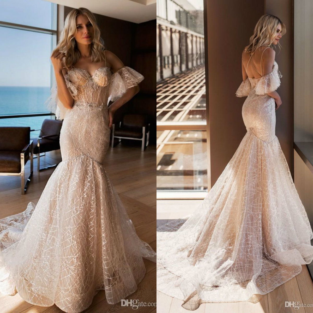 berta mermaid dresses spaghetti straps lace beaded boho beach wedding dress custom made sweep train vestido de novia