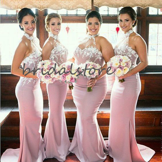 Blush Pink Country Bridesmaid Dresses Tight Halter Mermaid Formal Evening Party Gowns Sleeveless Long Maid Of Honor Boho Dress 2020 Cheap