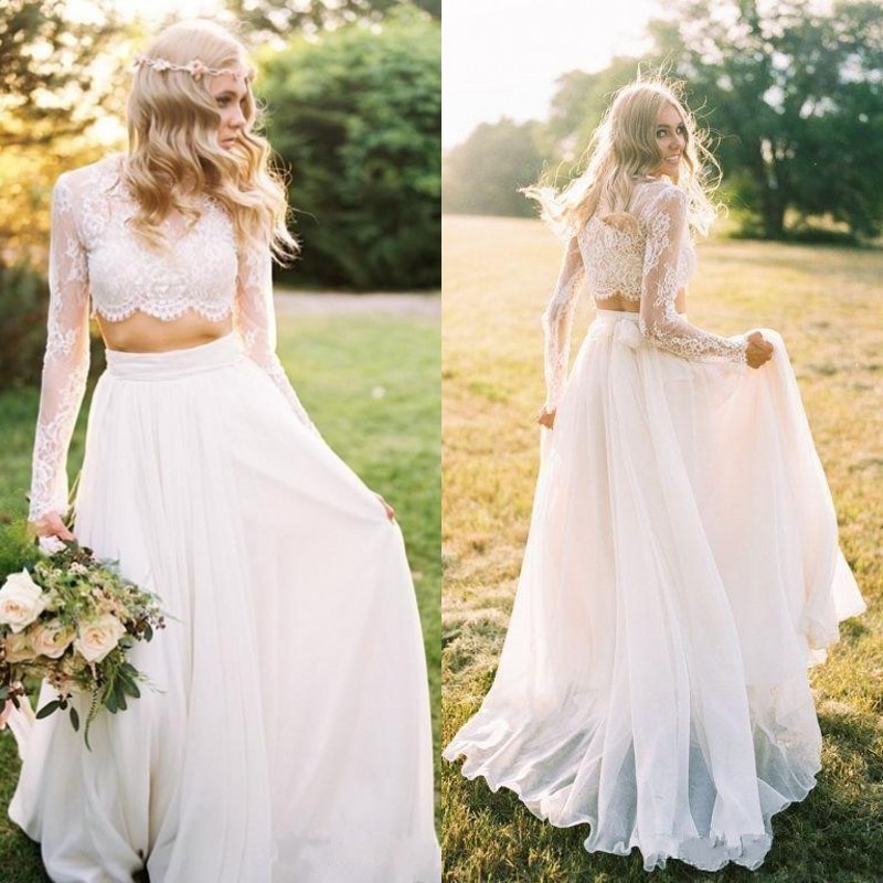 Simple Country Wedding Dresses Bohemian Two Pieces Jewel Neck A Line Lace and Tulle Long Sleeve Bridal Gowns 2019